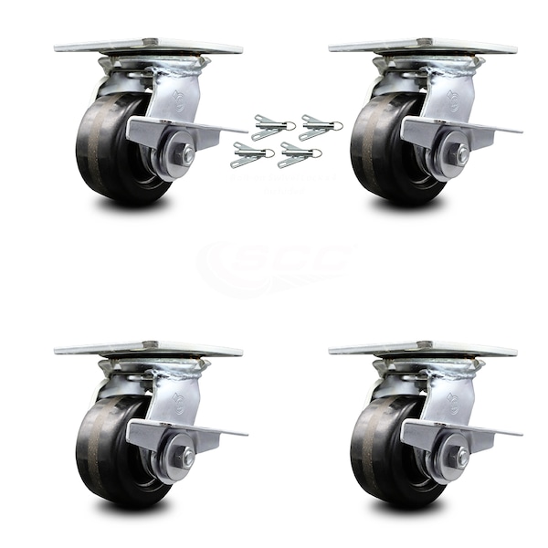 4 Inch Phenolic Caster Set with Roller Bearing and Brakes/Swivel Locks SCC